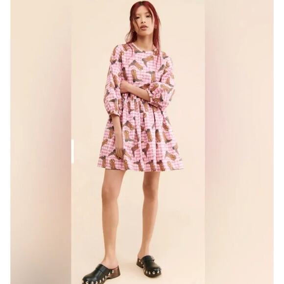 NWOT Megan Crosby Lila Cowboy Dress Pink Gingham Mini Puff-Sleeve Boot-Print - Picture 9 of 9
